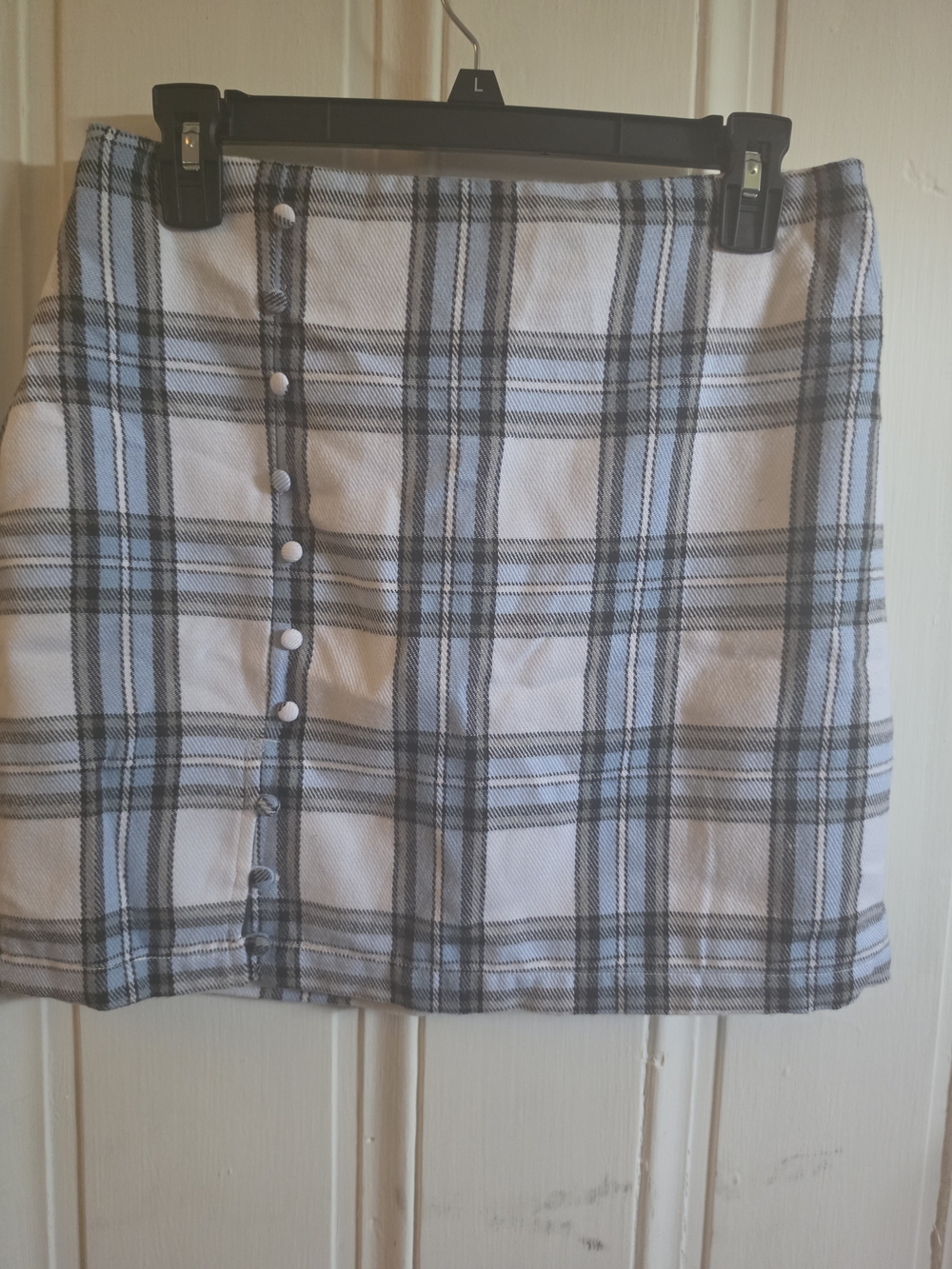 Blue Rain Light Blue and White Plaid Button-Front Mini Skirt